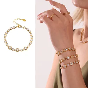 Light Luxury Stainless Steel Zirconia Pave Chain Bracelet Adjustable Lobster Clasp Women Fashion Commute Jewelry Round Design Wrist Link