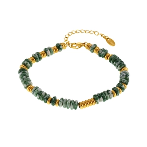 Gold plated stainless steel beaded bracelet with green and white natural stones
