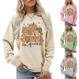 Detail of Dental Squad crewneck sweatshirt featuring autumn theme graphics and ribbed cuffs