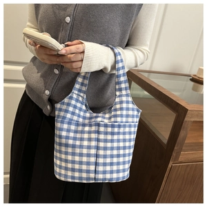 Close-up of blue and white gingham canvas tote bag featuring dual front pockets