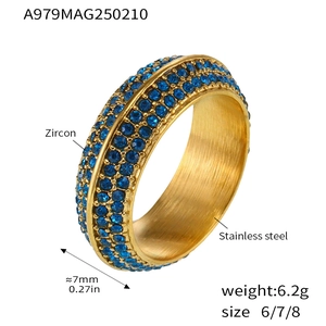 Dettaglio di un anello in acciaio dorato da 7mm con quattro file di zirconi blu lucidi
