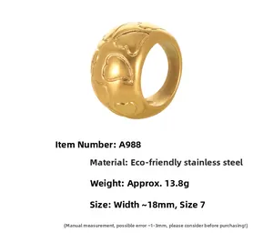 Macro detail of a 18mm wide gold-plated stainless steel ring with heart embossed patterns