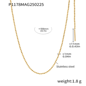 Détail d'un collier chaîne à billes en acier inoxydable de 1mm avec spécifications