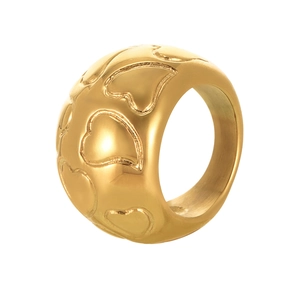 18k gold plated stainless steel heart embossed dome ring with matte brushed finish