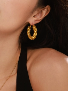 Macro view of 18k gold plated stainless steel hoop earrings with sequin texture