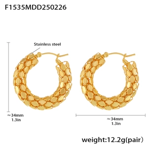 Detail of 34mm gold stainless steel hoop earrings with woven texture and weight info