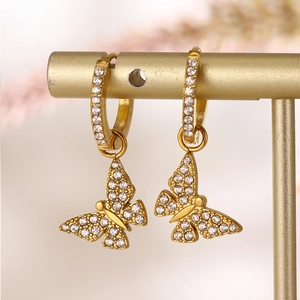 Elegant gold butterfly zircon hoop earrings with sparkling crystal accents for women