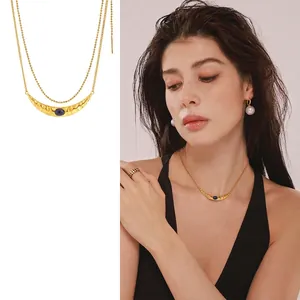 Collier Pendentif Croissant De Lune Et Boucles D'oreilles Künstliche Perles Inoxydable Lapis-Lazuli Bijoux Pour Femmes Élégant