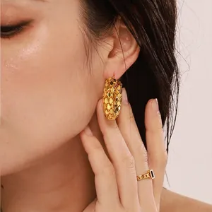 Textured Hoop Earrings Gold Plated Stainless Steel Scaled Pattern Round Ear Rings For Women Fashion Jewelry