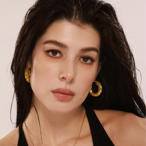 18K gold plated hoop earrings and necklace set with textured honeycomb scale pattern