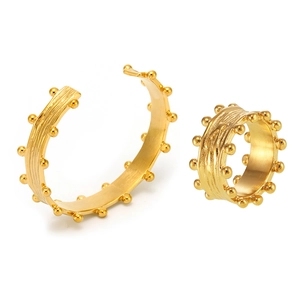 Minimalist 18k gold plated stainless steel open bangle and ring set with beaded edges