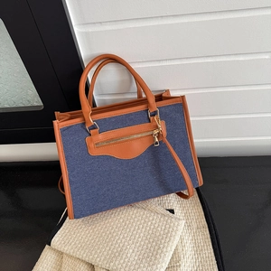Bolso Tote Retro De Mezclilla Y Cuero PU Patchwork Gran Capacidad Cierre De Cremallera Bolso De Mano Informal Para Mujer