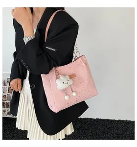 Pink tote bag with star patterns, cloud charm, and model side view on minimalist background