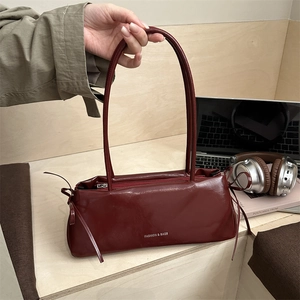 Women Glossy PU Leather Baguette Bag Underarm Shoulder Handbag Simple Solid Color Fashion With Side Bow Knot Design