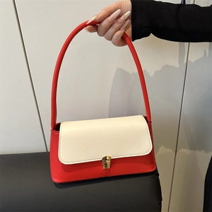 Fashion Contrast Color Women PU Leather Shoulder Bag Minimalist Underarm Baguette Bag With Gold Metal Lock For Daily Commute