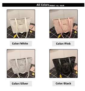 Collage of marble pattern tote bags in white, pink, silver, and black options