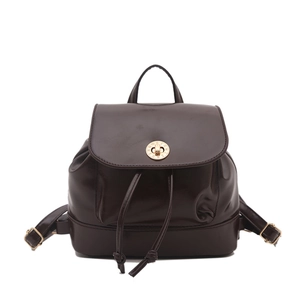 Dark brown faux leather backpack with gold twist lock and adjustable straps