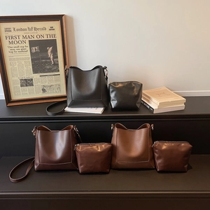 Minimalist large bucket bag and pouch set in black and brown PU leather