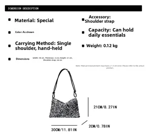 Detailed dimension chart of sequined shoulder bag with 30x21x2cm measurements