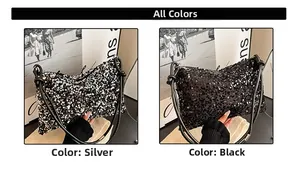 Detail of sequined shoulder bag with black knotted leather strap in silver and black