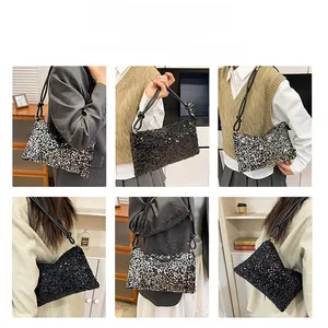 Detail view of sequined baguette bags showing multiple carrying styles like shoulder and hand carry