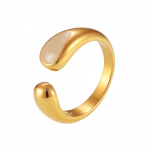 Minimalist gold teardrop open ring featuring a sleek enamel inlay on a polished band