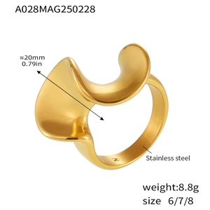 Macro detail of wave design stainless steel gold ring with 20mm width specifications