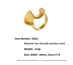Macro shot of liquid metal style gold-plated stainless steel ring with 20mm S-shape band