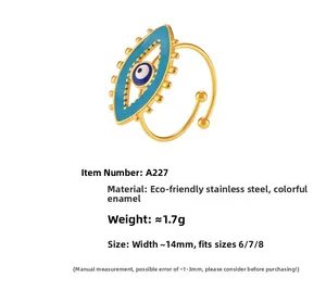 Detailed specs of stainless steel evil eye ring with blue enamel and gold finish