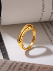 Artistic close-up of a 18K gold plated rectangular ring on a minimalist magazine page