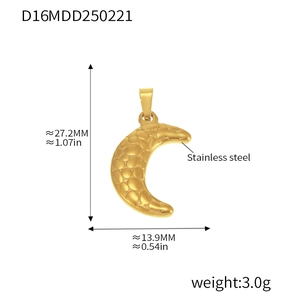 Detailed specs of crescent moon stainless steel pendant with gold textured finish