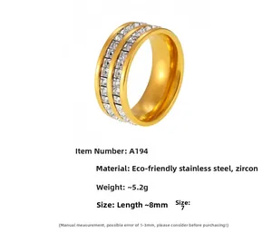 Detail of 8mm gold plated stainless steel ring with double row square zircon stones