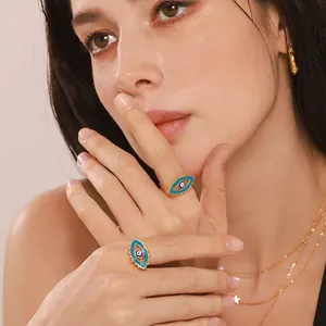 Evil Eye Ring Stainless Steel Enamel Nazar Amulet Adjustable Open Finger Rings Bohemian Ethnic Jewelry For Women
