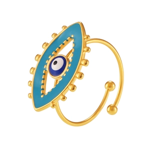 Gold evil eye open ring with blue enamel nazar amulet charm for women adjustable size
