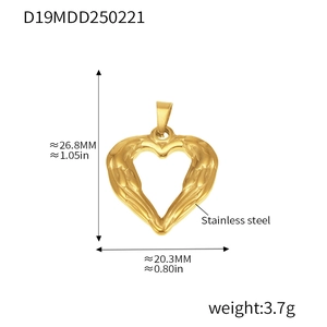 Detailed dimension guide for golden stainless steel heart pendant with wing textures
