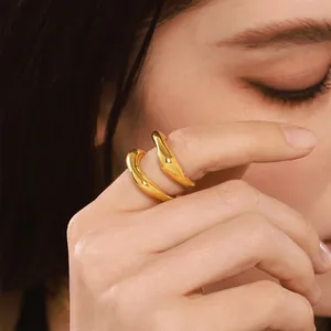 Minimalist Irregular Wave Ring Stainless Steel Gold Plated Fluid Design Polished Band For Women Trendy Fashion Jewelry