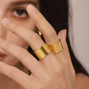 Bague Large En Acier Inoxydable Plqué Or 18K Poli Minimaliste Ouverte Ajustable Géométrique Bijoux Mode Pour Femmes