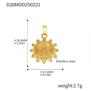 Detail view of 18k gold plated sun face pendant with precise measurements in millimeters