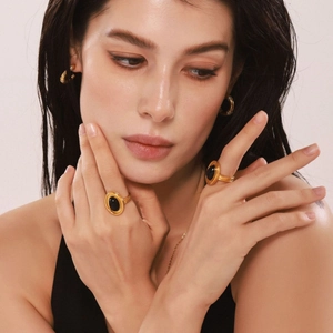 Vintage 18K gold plated stainless steel jewelry set featuring oval black onyx rings