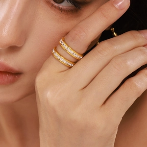 Double row square zircon gold plated stainless steel rings for couple or luxury gift
