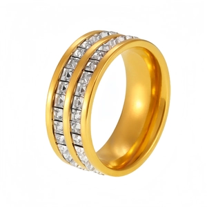 Double-row square zircon gold-plated stainless steel wide band ring in 45-degree view