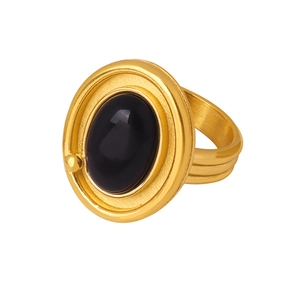 Retro 18K gold plated stainless steel ring with a large oval black onyx gemstone