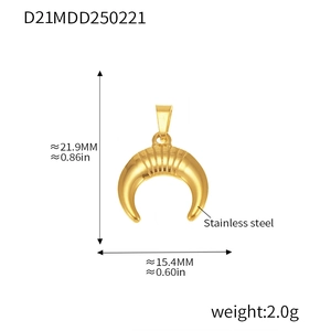 Macro detail of a 18k gold plated stainless steel crescent pendant with dimensions