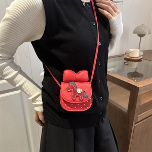 Red quilted mini crossbody bag with 3D bow and horse embroidery for girls