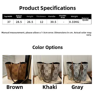 Detailed size chart and dimensions for large capacity tote bag with monogram pattern