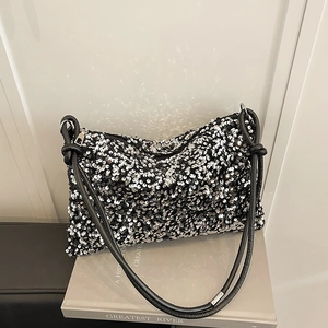 Trendy Sequin Underarm Bag For Women Minimalist Sparkling Shoulder Bag With Knotted Strap Fashion Daily Party Handbag