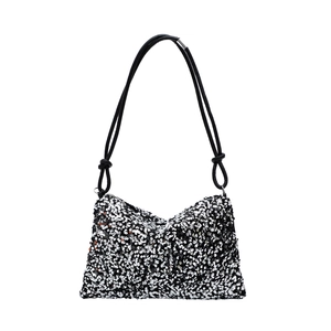 Sparkling silver and black sequin shoulder bag with knot strap and zip closure