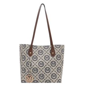 Classic beige monogram tote bag with navy blue geometric patterns and brown leather straps