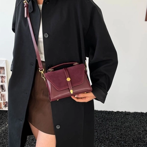 Elegant burgundy PU leather patchwork crossbody bag with gold metal ring buckle