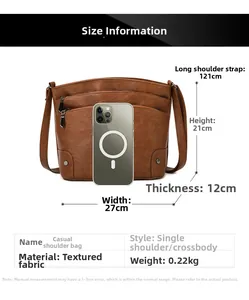 Detailed size guide for brown bucket bag showing dimensions 27x21x12cm with long strap